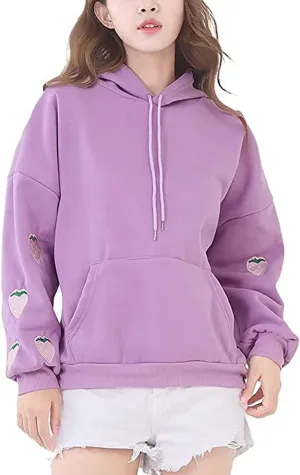 Womens Fashion Hoodies Strawberry Embroidery Trendy Hoodies Pullover Fall Winter Oversized Sweatshirt