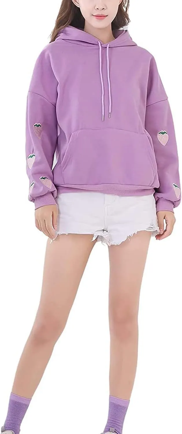 Womens Fashion Hoodies Strawberry Embroidery Trendy Hoodies Pullover Fall Winter Oversized Sweatshirt