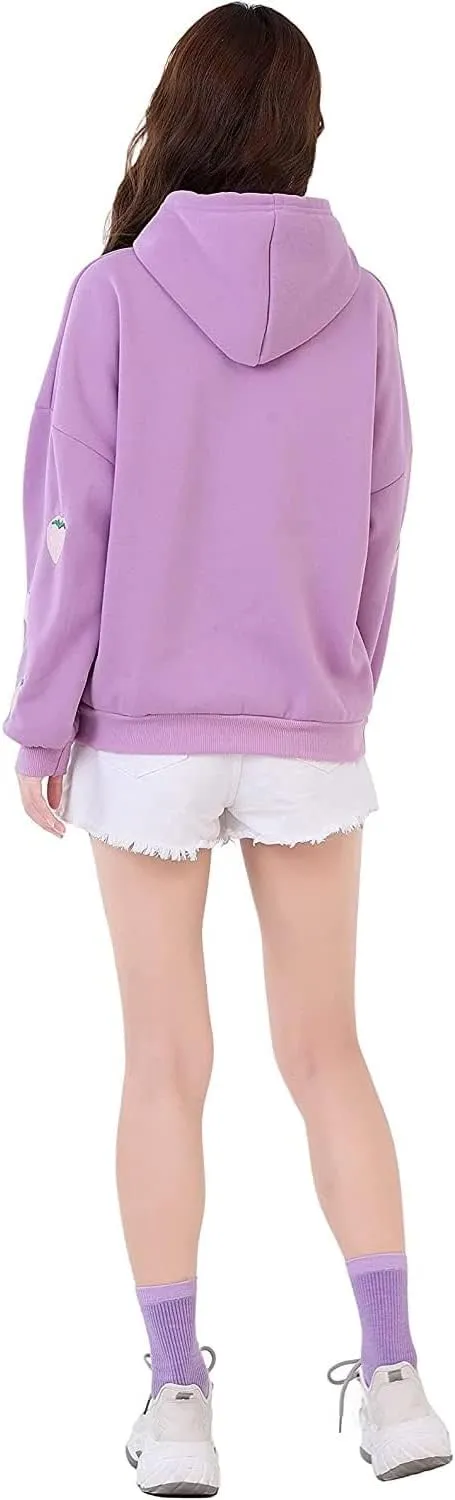 Womens Fashion Hoodies Strawberry Embroidery Trendy Hoodies Pullover Fall Winter Oversized Sweatshirt