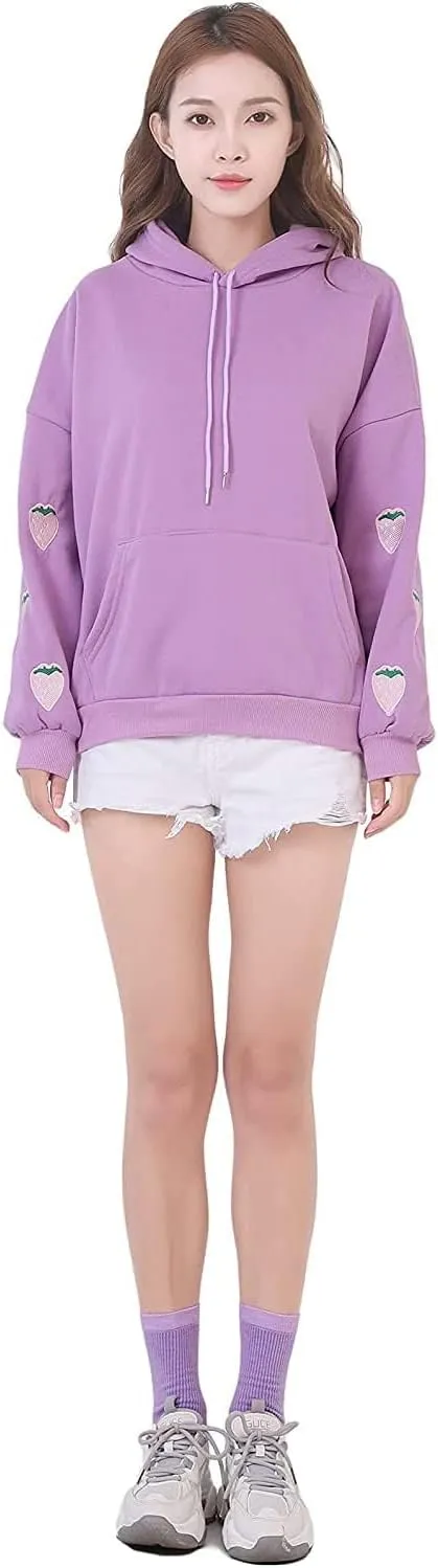 Womens Fashion Hoodies Strawberry Embroidery Trendy Hoodies Pullover Fall Winter Oversized Sweatshirt