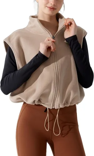 Women's Full Zip Fleece Short Vest Warm Winter Sleeveless Stand Collar Sherpa Crop Coat