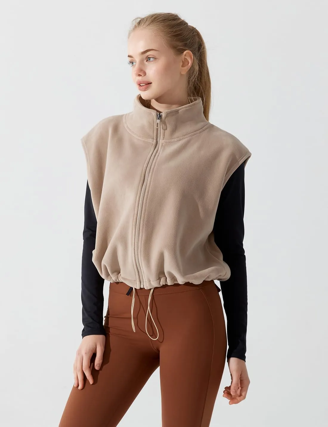 Women's Full Zip Fleece Short Vest Warm Winter Sleeveless Stand Collar Sherpa Crop Coat