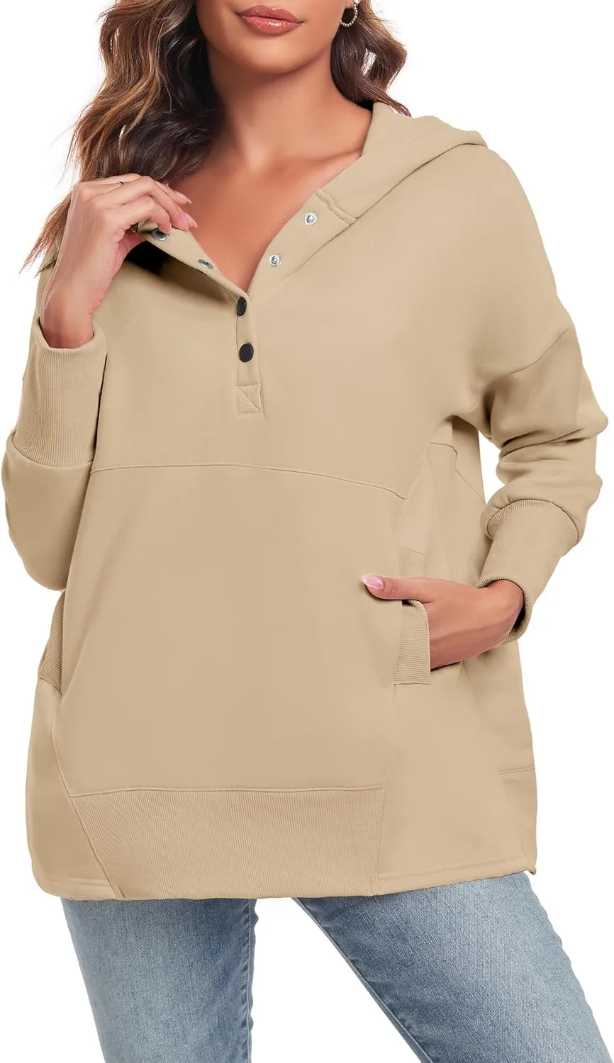 Womens Oversized Hoodies Buttons V Neck Pullover Sweatshirt Casual Loose Sweater Fall Winter Clothes