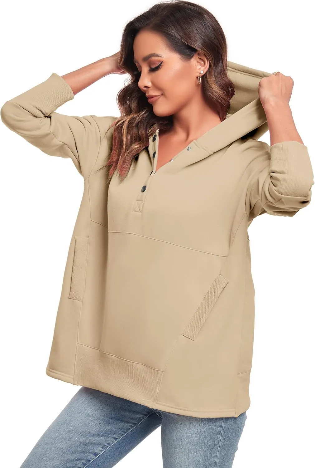 Womens Oversized Hoodies Buttons V Neck Pullover Sweatshirt Casual Loose Sweater Fall Winter Clothes