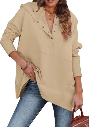 Womens Oversized Hoodies Buttons V Neck Pullover Sweatshirt Casual Loose Sweater Fall Winter Clothes