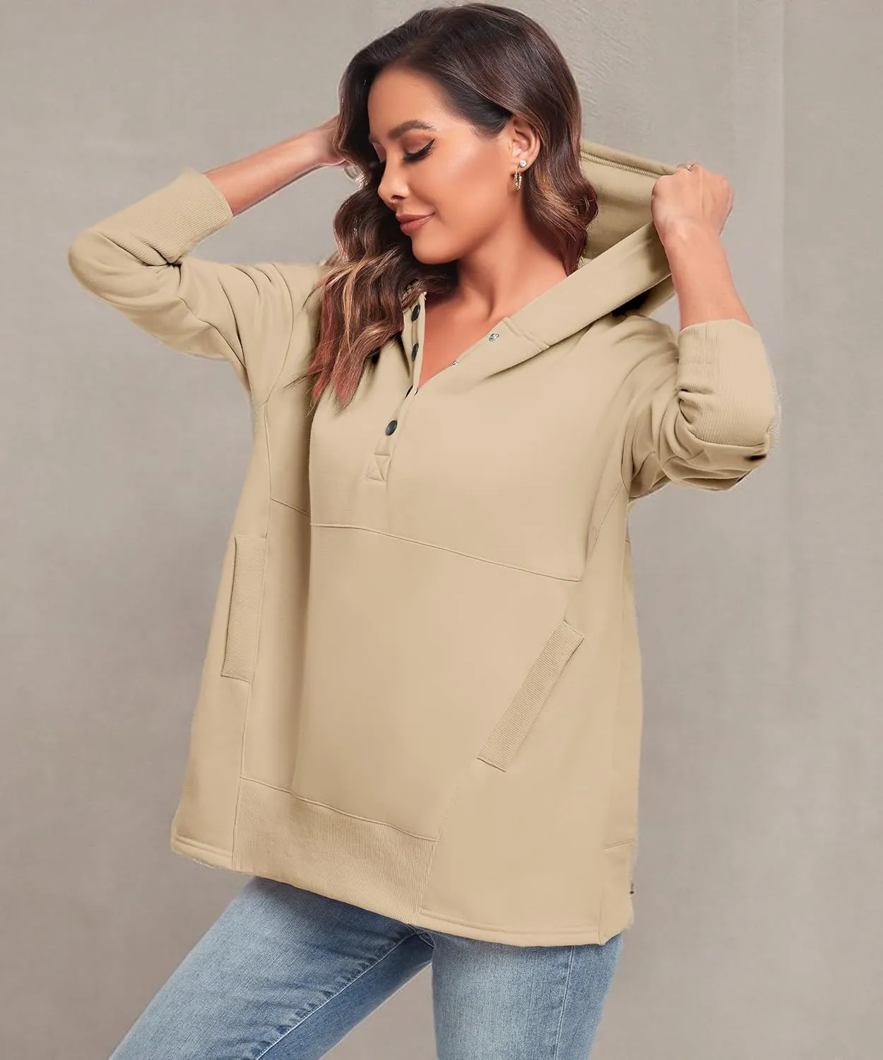 Womens Oversized Hoodies Buttons V Neck Pullover Sweatshirt Casual Loose Sweater Fall Winter Clothes