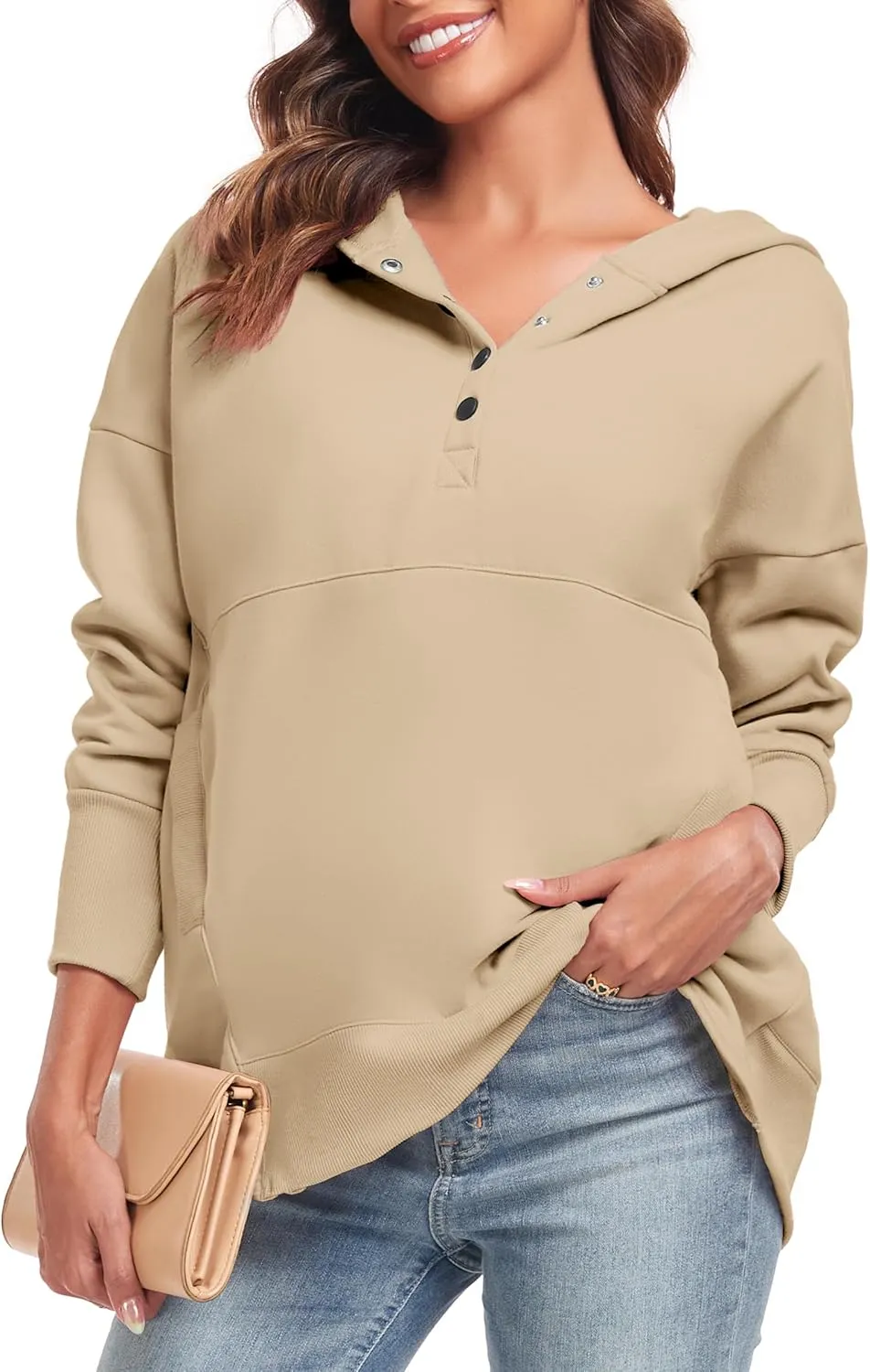 Womens Oversized Hoodies Buttons V Neck Pullover Sweatshirt Casual Loose Sweater Fall Winter Clothes