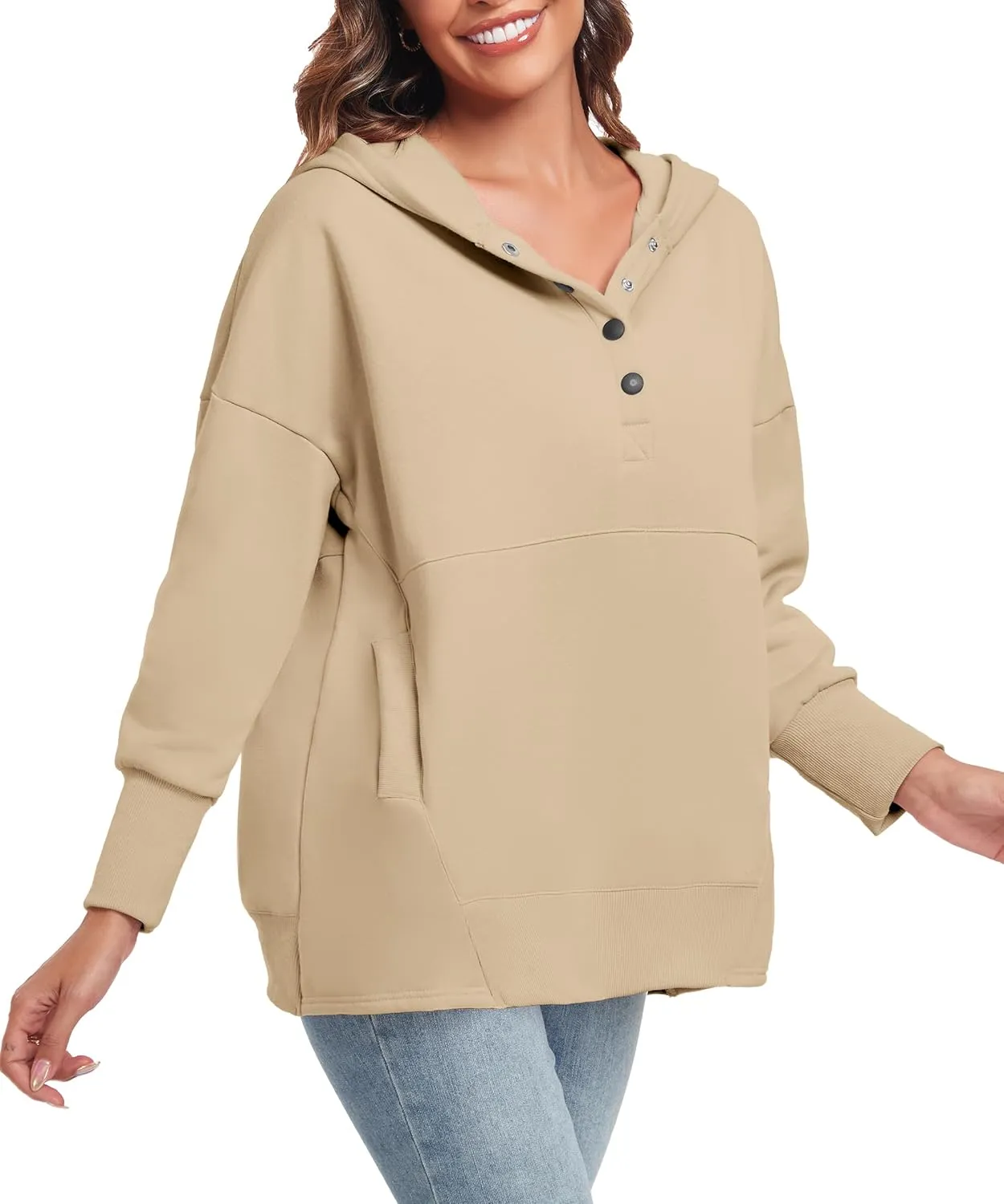Womens Oversized Hoodies Buttons V Neck Pullover Sweatshirt Casual Loose Sweater Fall Winter Clothes
