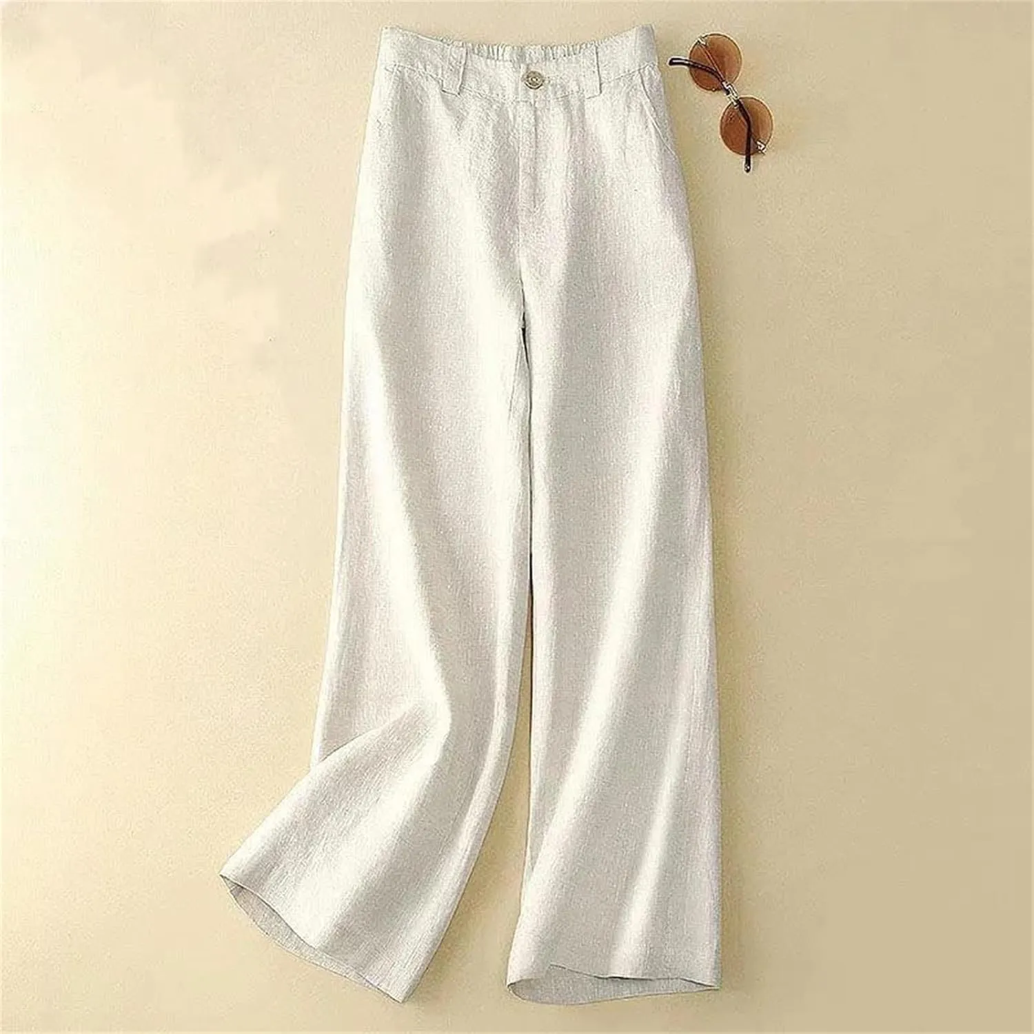 Women's Summer Linen Wide Leg Casual Trousers - High Waist Elastic, Loose, Cotton and Linen, Solid Color Straight