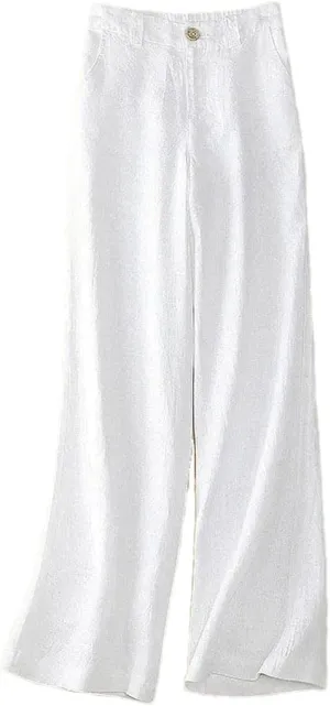 Women's Summer Linen Wide Leg Casual Trousers - High Waist Elastic, Loose, Cotton and Linen, Solid Color Straight