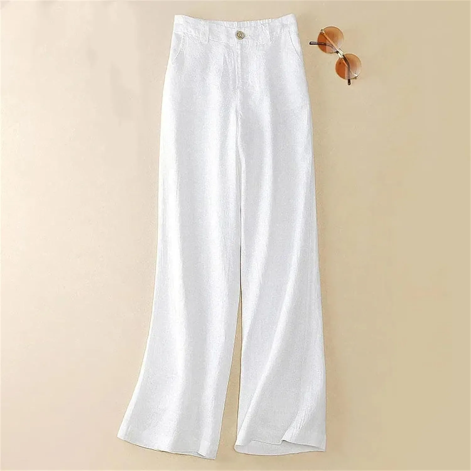 Women's Summer Linen Wide Leg Casual Trousers - High Waist Elastic, Loose, Cotton and Linen, Solid Color Straight