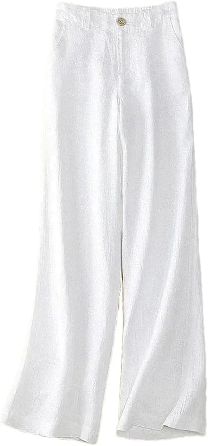 Women's Summer Linen Wide Leg Casual Trousers - High Waist Elastic, Loose, Cotton and Linen, Solid Color Straight