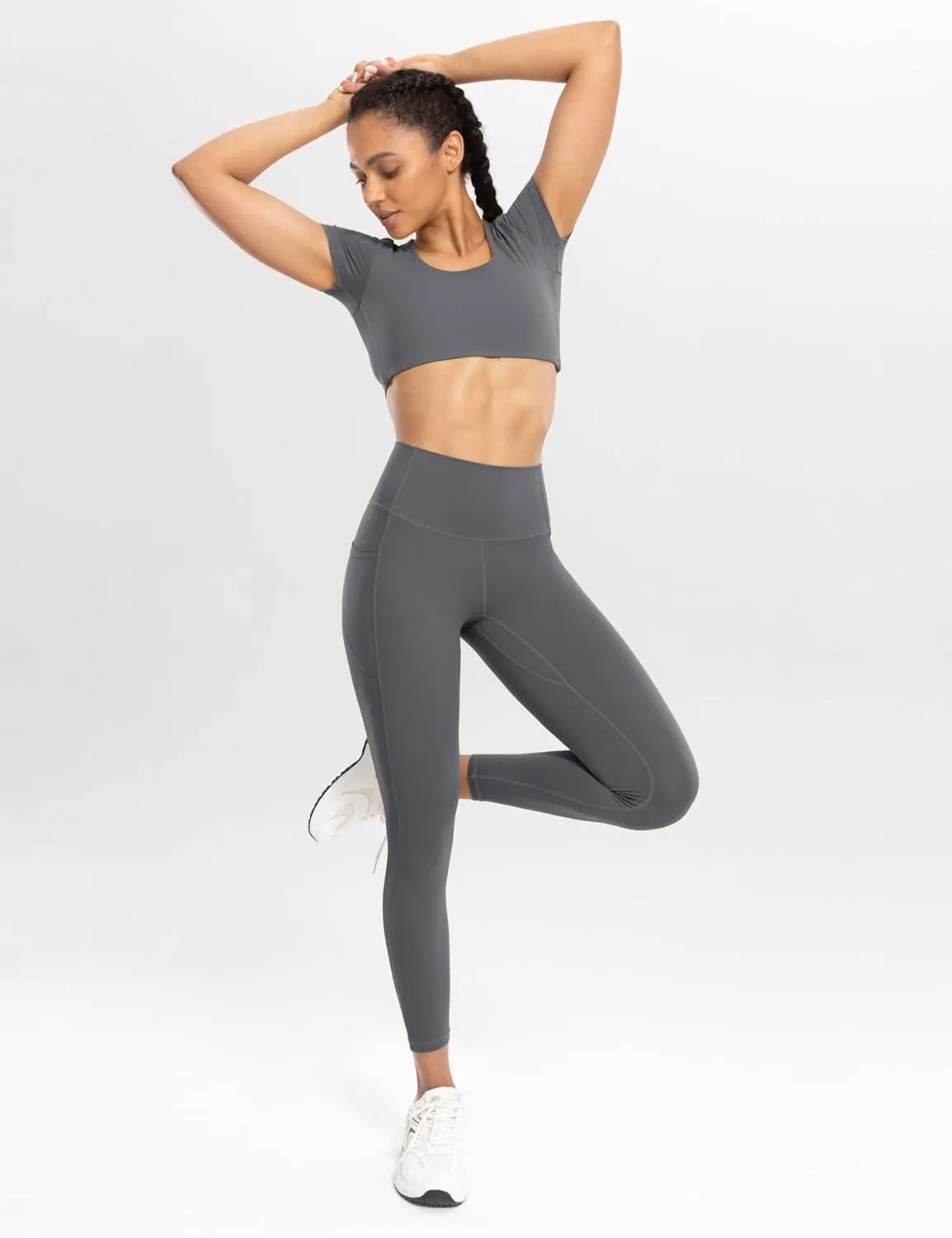 Workout Leggings with Pockets for Women High Waist Yoga Pants 7/8 Cream Soft Lightweight Athletic Gym Tights 25"