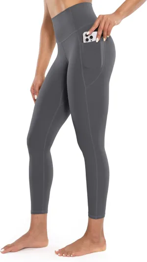 Workout Leggings with Pockets for Women High Waist Yoga Pants 7/8 Cream Soft Lightweight Athletic Gym Tights 25"
