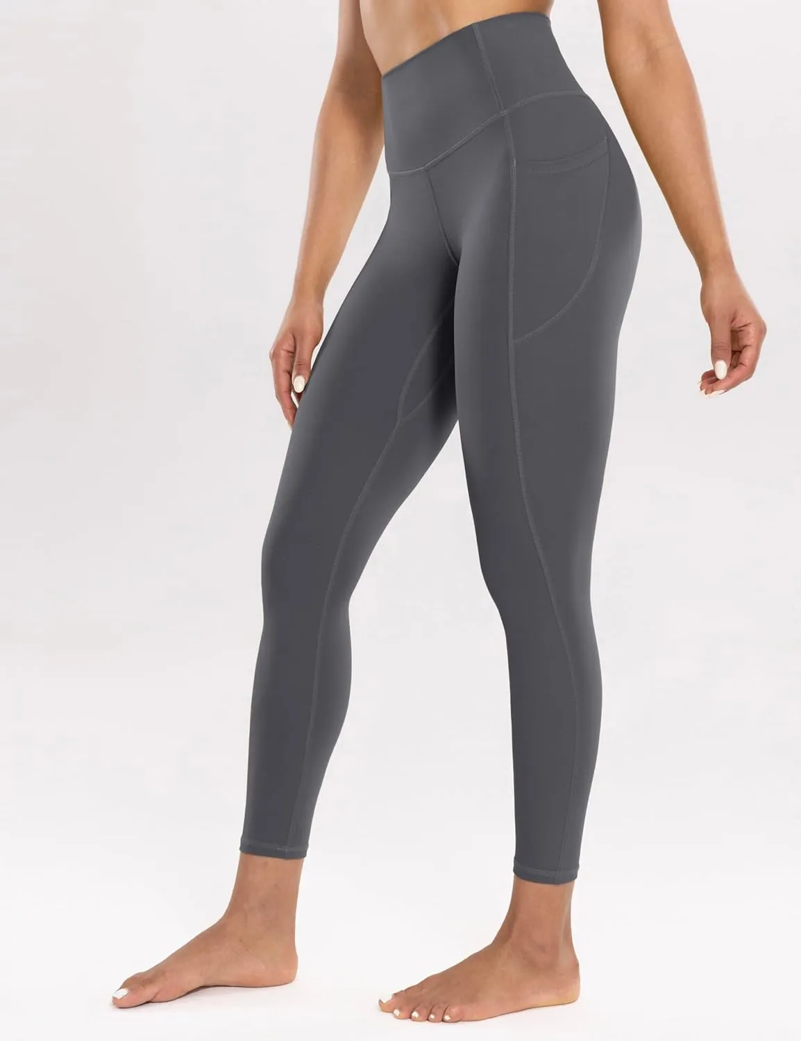 Workout Leggings with Pockets for Women High Waist Yoga Pants 7/8 Cream Soft Lightweight Athletic Gym Tights 25"