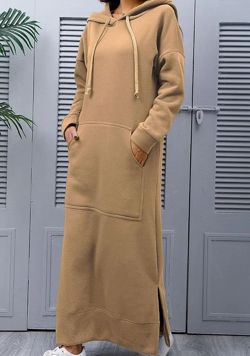 YMING Women's Hooded Maxi Pullover Dress Drawstring Solid Color Long Sweatshirt Fall Loose Slit Hoodies with Pockets