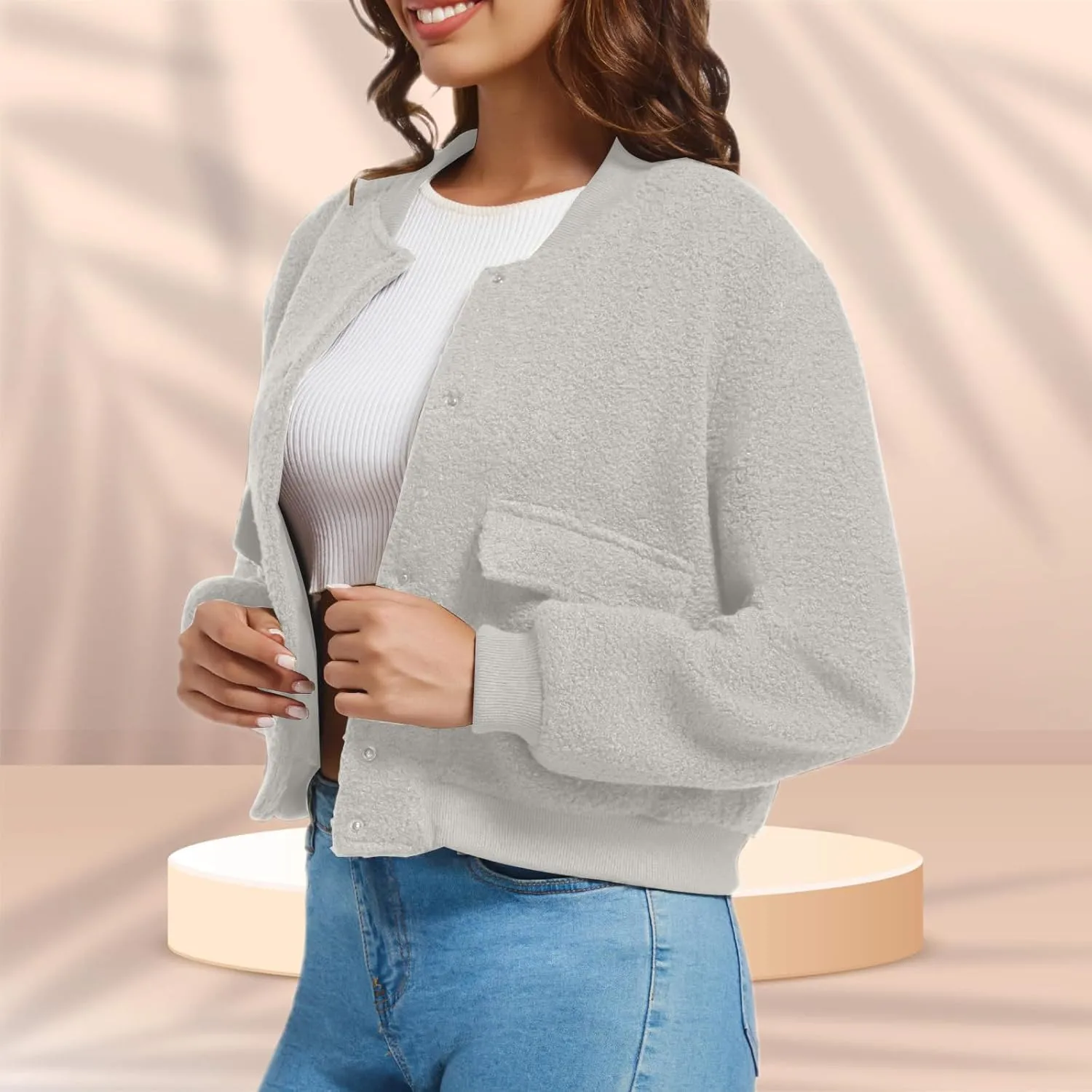 YSW Womens Cropped Bomber Jacket Baseball Varsity Jacket Casual Jackets with Pockets Button Down Chaquetas de Mujer