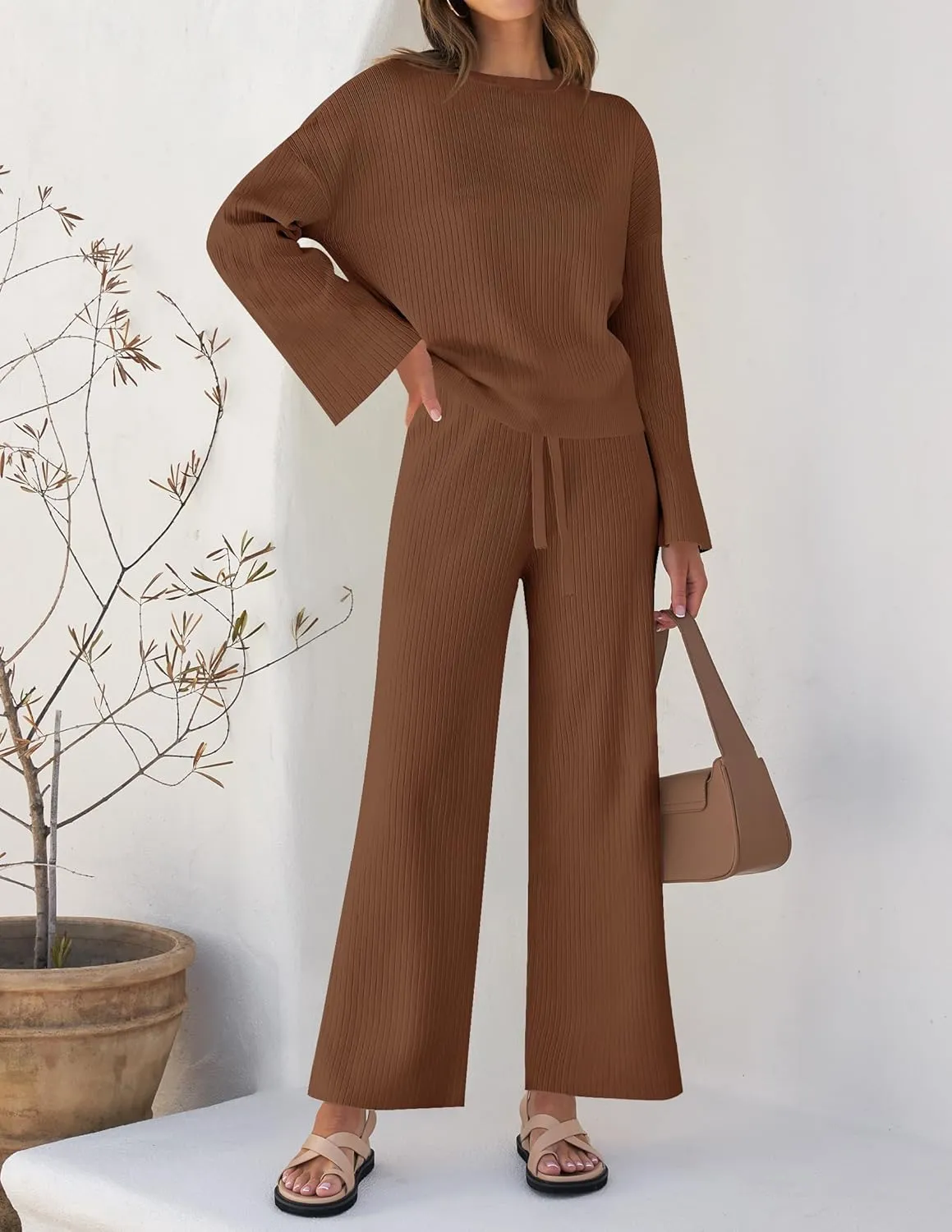 ZESICA Women's 2 Piece Outfits Set Casual Long Sleeve Knit Pullover Top and Wide Leg Pants Sweatsuit Lounge Sets