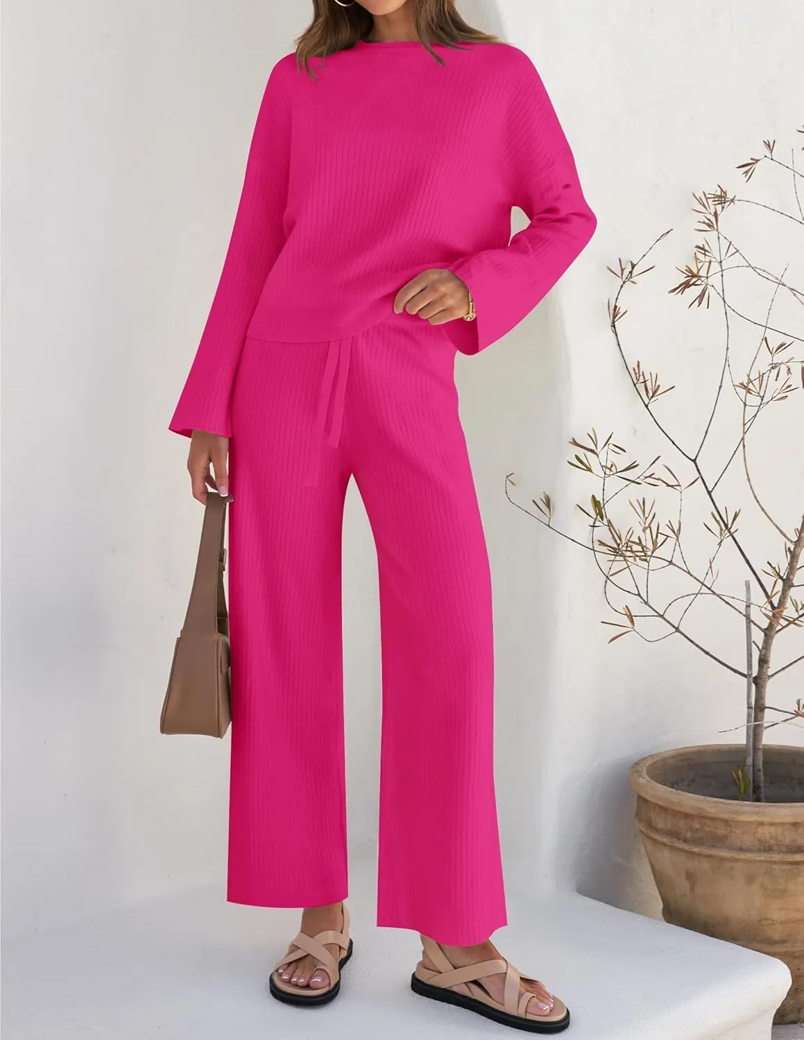 ZESICA Women's 2 Piece Outfits Set Casual Long Sleeve Knit Pullover Top and Wide Leg Pants Sweatsuit Lounge Sets