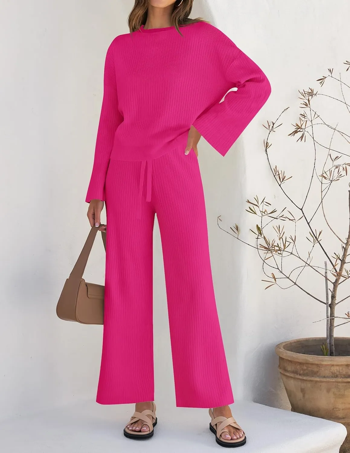 ZESICA Women's 2 Piece Outfits Set Casual Long Sleeve Knit Pullover Top and Wide Leg Pants Sweatsuit Lounge Sets