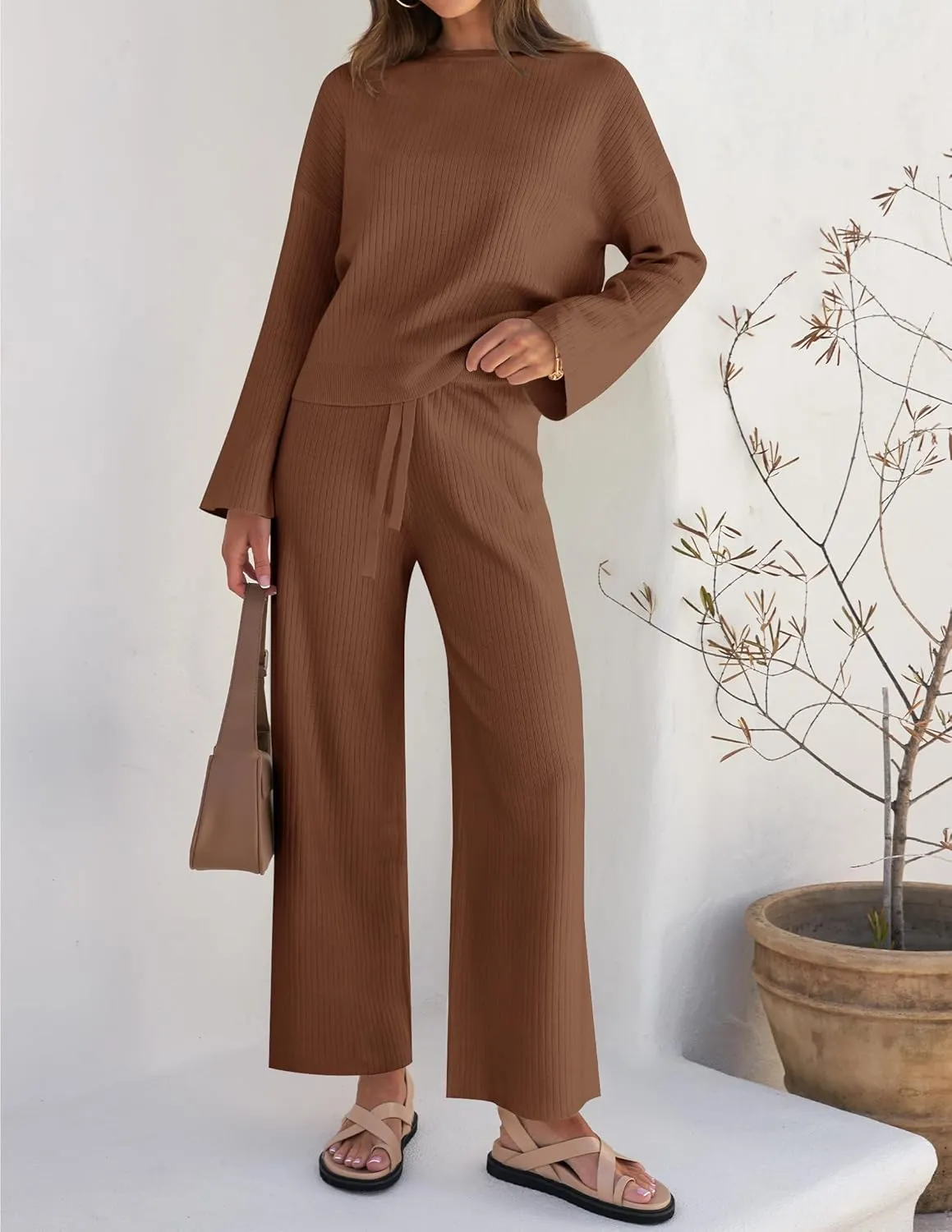 ZESICA Women's 2 Piece Outfits Set Casual Long Sleeve Knit Pullover Top and Wide Leg Pants Sweatsuit Lounge Sets