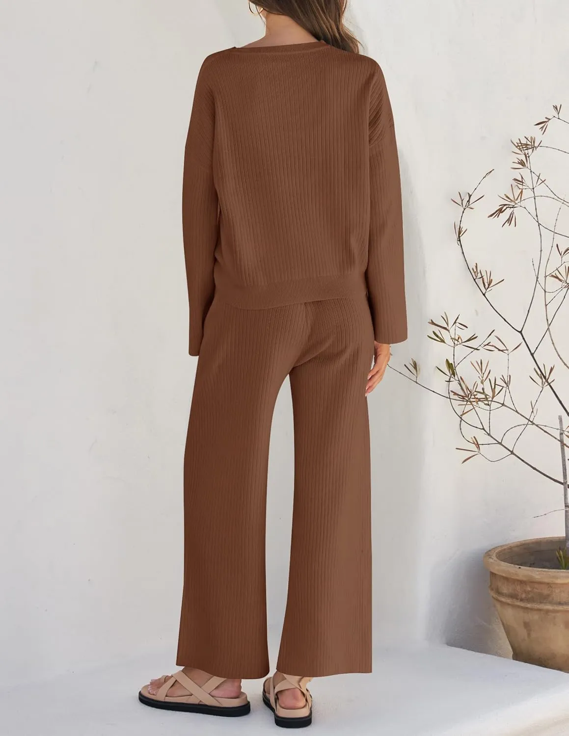ZESICA Women's 2 Piece Outfits Set Casual Long Sleeve Knit Pullover Top and Wide Leg Pants Sweatsuit Lounge Sets