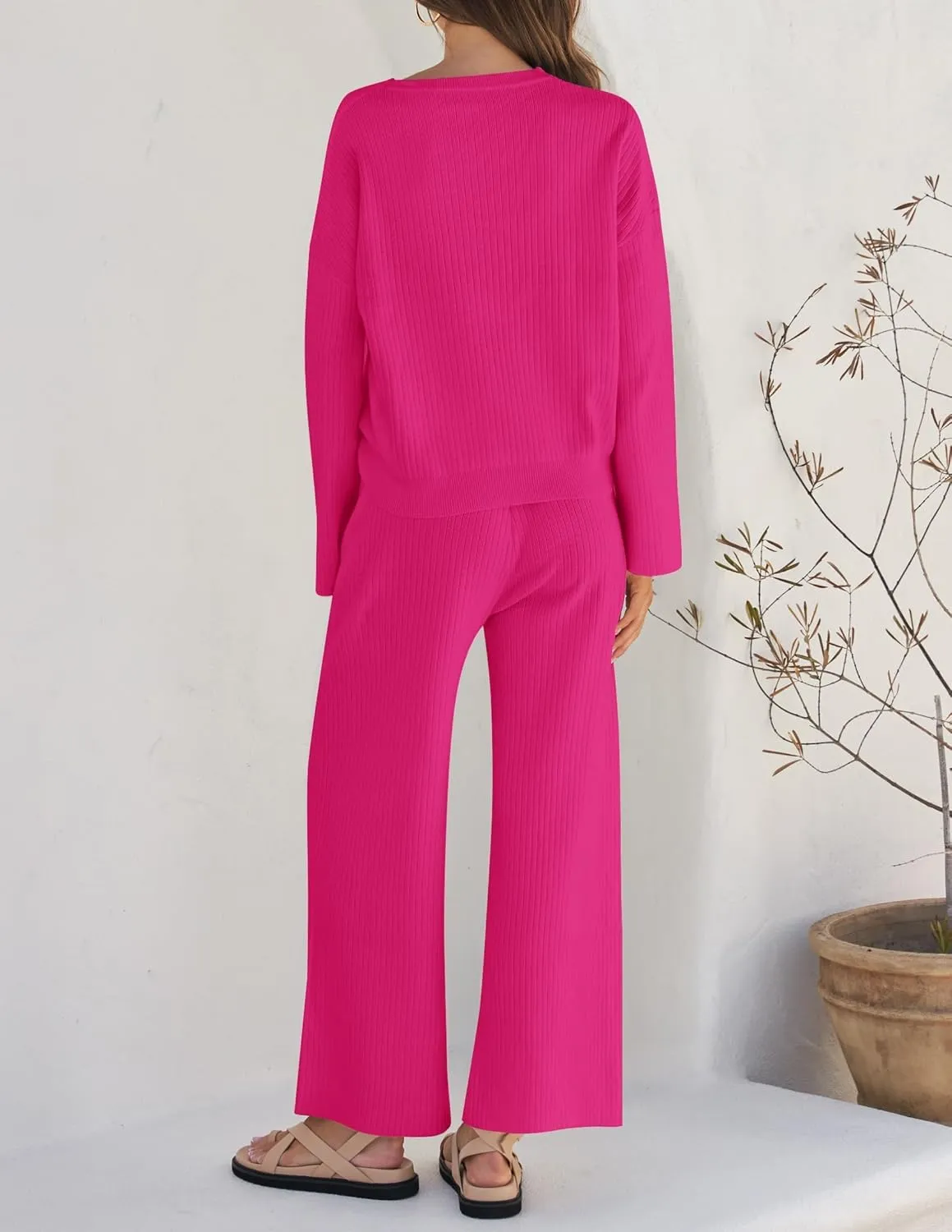 ZESICA Women's 2 Piece Outfits Set Casual Long Sleeve Knit Pullover Top and Wide Leg Pants Sweatsuit Lounge Sets