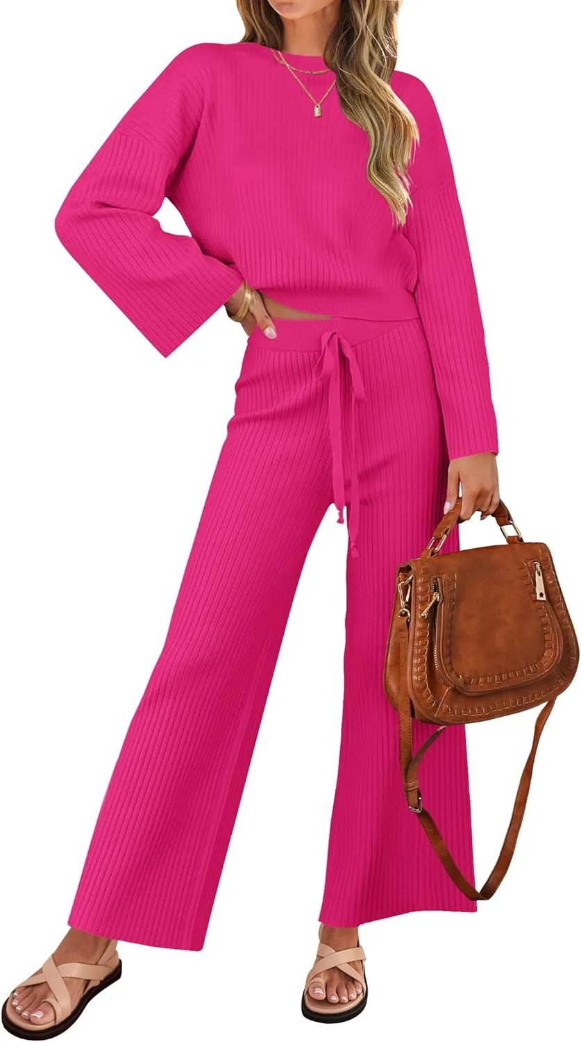 ZESICA Women's 2 Piece Outfits Set Casual Long Sleeve Knit Pullover Top and Wide Leg Pants Sweatsuit Lounge Sets