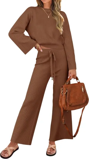 ZESICA Women's 2 Piece Outfits Set Casual Long Sleeve Knit Pullover Top and Wide Leg Pants Sweatsuit Lounge Sets