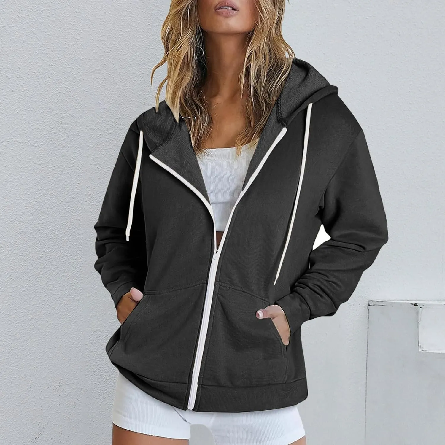 Zip Up Hoodie Teen Girl Y2K Clothes Cute Oversized Fall Jacket Long Sleeve Casual Drawstring Sweatshirts with Pocket